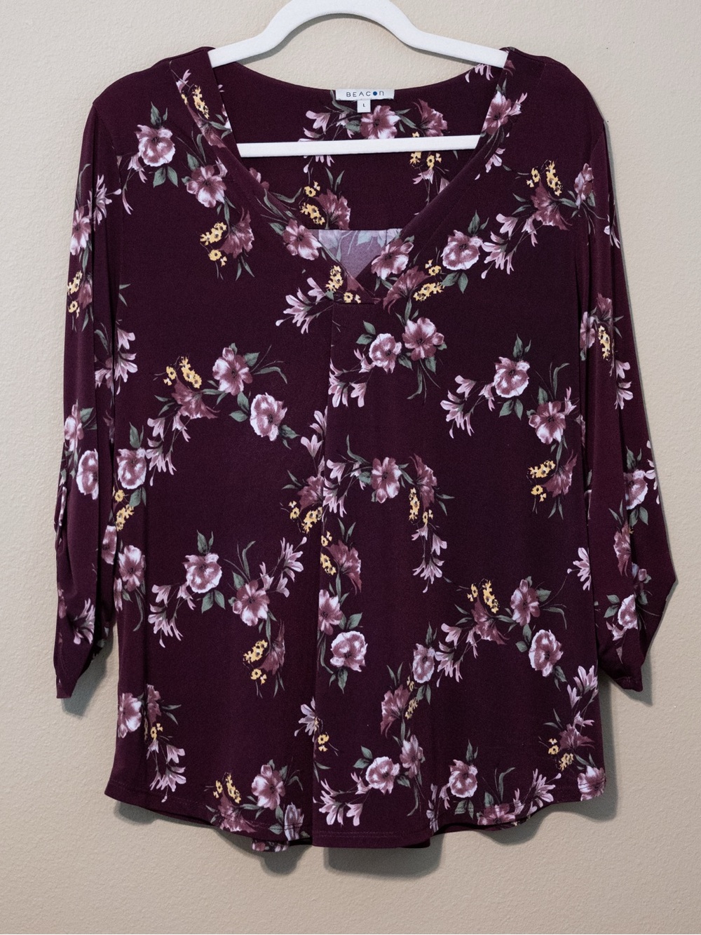 Beacon Large Burgundy Floral Blouse 3/4 Sleeve V-Neck Top